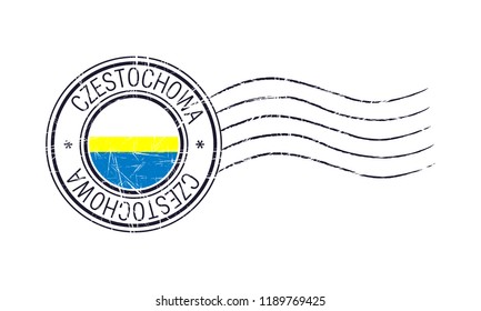 Czestochowa city grunge postal rubber stamp and flag on white background