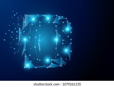 D alphabet Low poly science wireframe on dark background. Vector polygon image blue triangle glowing research future technology business form a star space, Lines, points and digital technology Concept