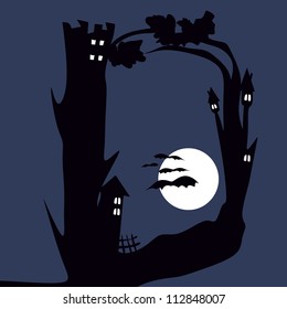 D, in the alphabet set. Halloween full moon night background with haunted house and dead trees.