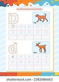 Hoja de trabajo de práctica de seguimiento del alfabeto D. Página de libro de coloración educativa con ilustración de vector de esquema para preescolar