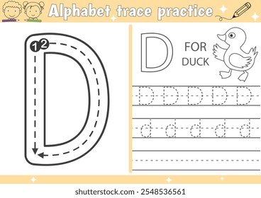 Planilha de prática de traçado do alfabeto D e página do livro de colorir pato com vetor de contorno para crianças pré-escolares
