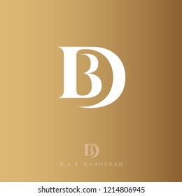 D and B letters. Monogram consist of white letters, isolated on a gold background. The vintage style.