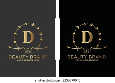 D Beauty vector initial logo, Golden floral letters with flowers leaves and gold splatters isolated on white background. Vector illustration for wedding, greeting cards, invitations template design