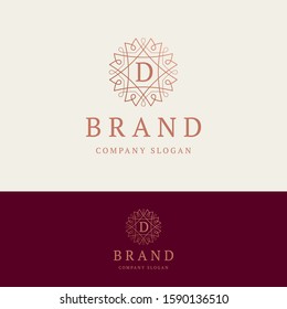 D brand logo. Ornamental monogram template. Round linear logo with letter D