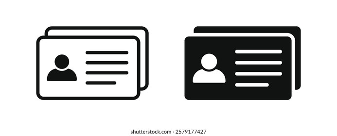 D card badge icon set. Identity document vector icons collection. Pass card identity. Identification card, driver's license icon. Voter ID. Entry card symbol. Photo ID sign. Vector illustration.