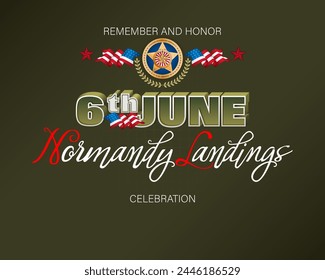  D Day celebration.
Holiday design, background with 3d and handwriting texts, medal of honor and national flag colors for D-Day American event, celebration; Vector illustration