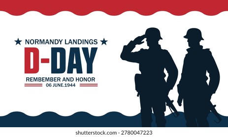 d day normandy landings remembrance banner with soldier silhouettes patriotic memorial world war ii commemoration vector illustration design artwork