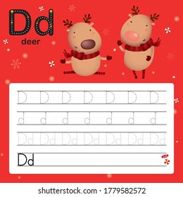 D, deer, Alphabet tracing worksheet for preschool and kindergarten to improve basic writing skills, vector, illustration 