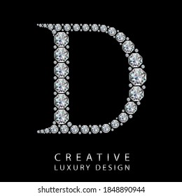 D diamond letter vector illustration. White gem symbol logo for your luxury business, casino, jewelry or web site. Upper letter with many sparkling diamonds isolated on black background.
