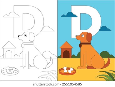 D for Dog, an educational illustration for children, divided into two sections. The left side is a black-and-white line drawing, while the right side is the fully coloured version.