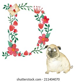 D and the dog. Funny floral alphabet with cartoon animals, watercolor art print.