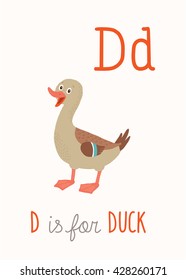 D is for Duck. ABC Kids Wall Art. Farm Alphabet Card. Nursery alphabet poster wall art. Playroom decor. Brown duck. Cartoon clipart eps 10 illustration isolated on white background.