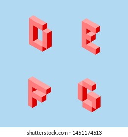 D, E, F, G letters 3 d pixel art set in isometric left. Red signs and letters on a light blue background. Vector illustration
