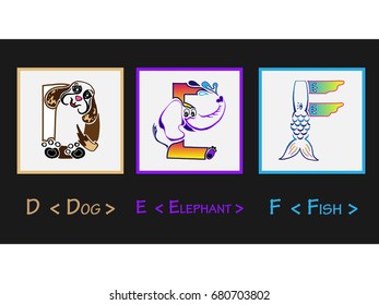 D E F letter / Character letter.
The complete children english alphabet.
English alphabet for kids with Animal Food and fruit. Wall chart for kids language learning. ABC cards for toddlers.