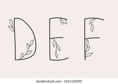 D, E and F letter set of a simple alphabet with floral elements.