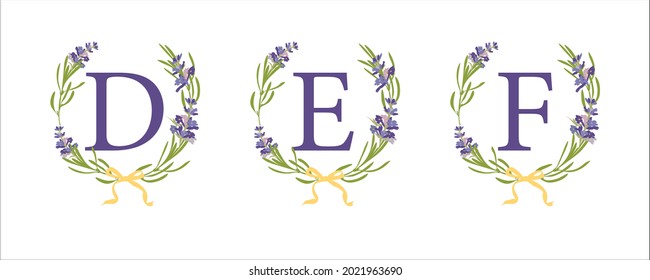 D E F letter. Set modern hand-drawn flat sketch illustrations. Lavender flower wreath with alphabet monogram. good idea for wedding art decor. Vintage vector typographic emblem, logo, label design