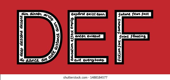 D E F letters with words inside hand drawn lettering in cartoon style. Red background minimalism