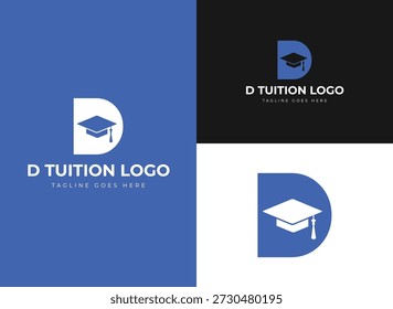 D Education Logo Design. D Letter Alphabet Graduation Cap Symbol for School, Academy, and Online Learning Platforms, Flat Minimal Vector Logo Template, Vector Illustration