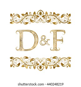 D and F vintage initials logo symbol. The letters are surrounded by ornamental elements. Wedding or business partners monogram in royal style.