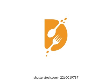 D food, letter d with cutlery in orange color flat design logo