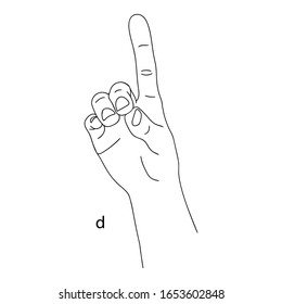 D is the fourth letter of the alphabet in sign language. Vector graphics image of a hand. The language of the deaf. Line art drawing. Black and white illustration. Fingers folded in letter d