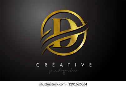 D Golden Letter Logo Design with Circle Swoosh and Gold Metal Texture. Creative Metal Gold  A Letter Design Vector Illustration.