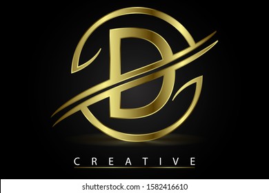 D Golden Letter Logo Design Vector Illustration with Circle Swoosh and Gold Metal Texture. Creative Metallic Letter for Company Name, Label, Icon, Cover, Emblem, Print, Textile, Card or Web Page.