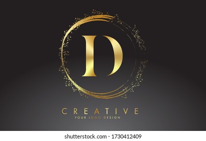 D golden letter logo with golden sparkling rings and dust glitter on a black background. Luxury decorative shiny vector illustration. Letter D vector template for businesses or personal websites.
