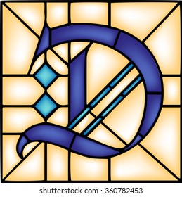 D - Gothic font, English alphabet, letter, vector illustration in stained glass window style