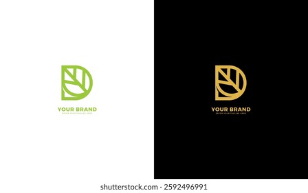 D green leaf logo. D line leaf icon