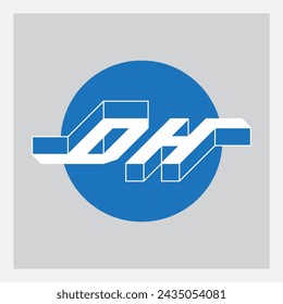 D and H - Monogram or logotype. Isometric 3d font for design. Three-dimension letters inside circle. DH - 2-letter code.