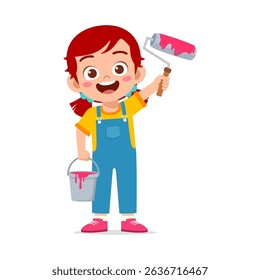 d Hair Girl Painting with Roller and Bucket, Wearing Overalls and Smiling, Cartoon Style
