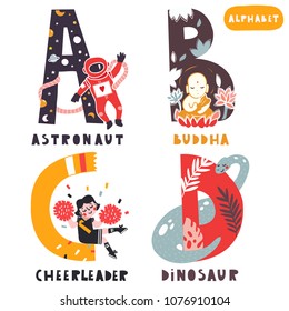 A to D. Hand drawn letters of english alphabet. Vector illustrations. All elements are isolated