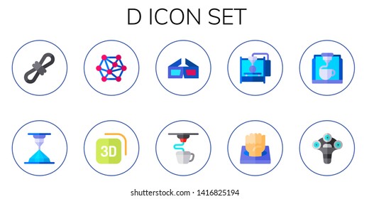 d icon set. 10 flat d icons.  Collection Of - d printer, modeling, glasses