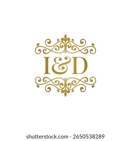 I D inisial logo ornamen emas. Huruf ID esperluette et pernikahan atau simbol mitra bisnis.