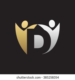 D initial alphabet letter logo with teamwork swoosh man, silver gold black background