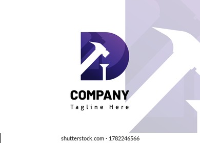 D initial hammer and nail illustration logo template for icon construction, developer real estate, initial logo, brand system, marketing kit, and builder company, useable print and website