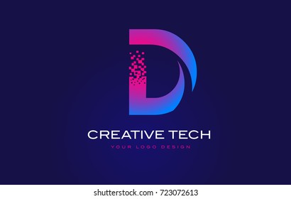 D Initial Letter Logo Design with Digital Pixels in Blue and Purple Colors.