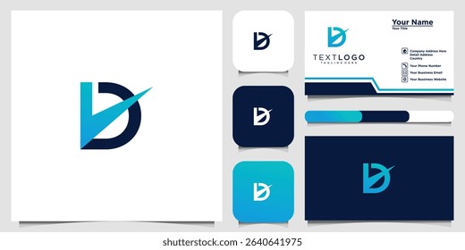 D initial logo design template with check mark and business card concept