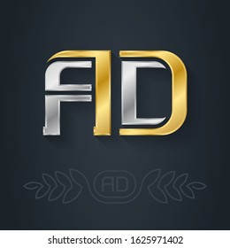 A and D - initials or logo. AD - Metallic 3d icon or logotype template. Design element with lineart option. Gold letters inlaid with silver.