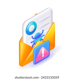 D Isometric illustration, Cartoon. Caution. Hacking the system, a letter with a virus. Envelope containing the file contains malicious software. Vector icons for website