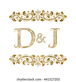 D and J vintage initials logo symbol. The letters are surrounded by ornamental elements. Wedding or business partners monogram in royal style.