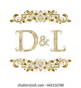 D and L vintage initials logo symbol. The letters are surrounded by ornamental elements. Wedding or business partners monogram in royal style.