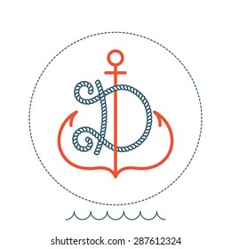 D letter with an anchor and rope vector vintage label, logo, icon design template element. This badge can be used as trademark or a print on fabric.