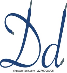 D letter. Blue Sport alphabet formed by shoe lace. Vector handwritten script font can be used for workout labels, race headlines, fitness posters, delivery cards. Alphabet fonts set.