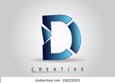 D letter with broken glass effect. Blue shattered letter with falling pieces vector illustration for logo, monogram, label, cover, emblem, company name, glass business, firm sign or web page design.