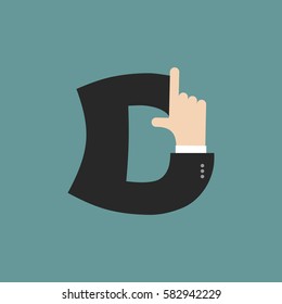 D letter businessman hand font. It shows finger print. Arm symbol alphabet. Sign of ABC