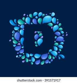 D letter in a circle of splashes and drops of water. Font style, vector design template elements for your ecology application or corporate identity.