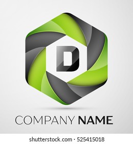 D Letter colorful logo in the hexagonal on grey background. Vector template for your design