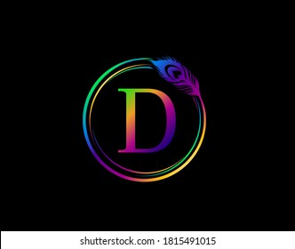 D Letter Decorated With Hologram Color Peacock Feather. Circle Badge With Peacock Feather. 